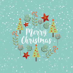 merry christmas card with pine trees and branches decoration icons. colorful design. vector illustration