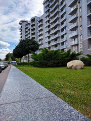 Trees and green lawn near urban building and blue sky background