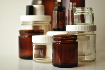 Laboratory, medical and cosmetic jars and bottles - close up