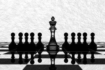 3D Rendering : illustration of chess pieces.the glass king chess at the center with pawn chess in the back.chess board with white texture background.leader success concept,business leader concept