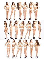 Full length beautiful slim tanned women in white bikini