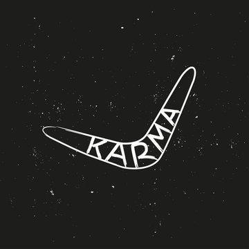 Black and white vector illustration with the word karma boomerang. Karma concept