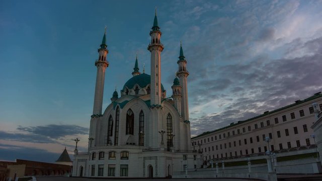 View of the mosque Kul Sharif in Kazan at sunrise, Russia, timelapse 4K