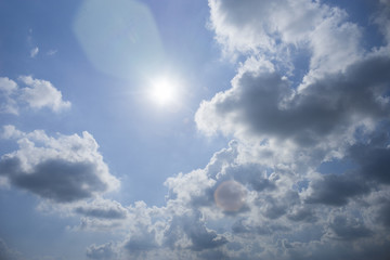 strong sun with clouds and blue sky.flare effect from the sun.outdoor.beautiful sky
