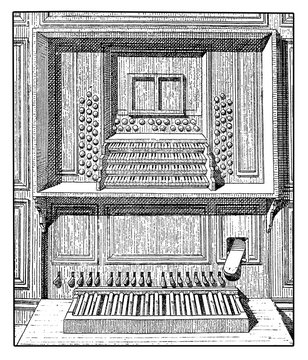 Pipe organ console and pedals, vintage engraving