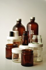 Laboratory, medical and cosmetic jars and bottles with copy space