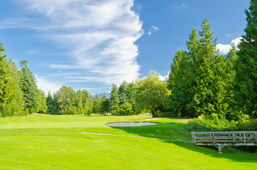 Obraz premium Golf place with gorgeous green and fantastic mountain and blue sky view