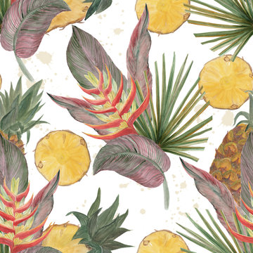WAtercolor painting seamless pattern with pineaaples and exotic tropical flowers and leaves