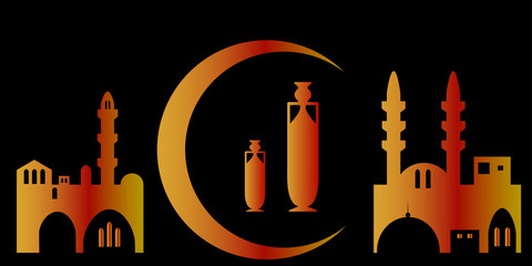 Mosque silhouette on black background. Moon and antique jug as a symbol of ancient east.