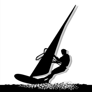 Silhouette of Sportsman doing windsurfing. Black illustration over white background.
