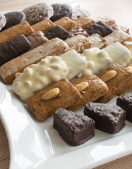 Closeup of an assortment of typical German Gingerbreads such as Lebkuchen, Aachener Printen and Spitzkuchen arranged on a large white porcelain serving plate. Selective Focus. Shallow Depth of Field.