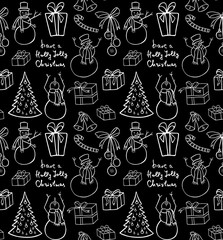 Christmas background. Snowmen.  Illustration for a  wrapping paper,  wallpaper.  Elements for winter holiday card. Black  background.   Seamless vector pattern.