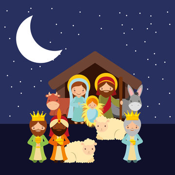 holy family with animals over night background. religious manger scene. colorful design. vector illustration