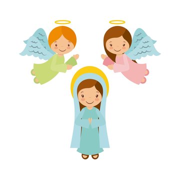 virgin mary with angels over white background. christmas colorful design. vector illustration