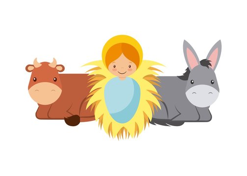 cute cartoon baby jesus with donkey and cow animals over white background. colorful design. vector illustration