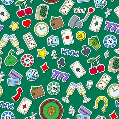 Seamless pattern on the theme of gambling and money simple painted icons on green background