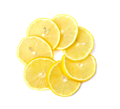 Sliced lemon on white background. Top view, flat lay