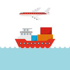 big cargo ship and airplane flying. import and export design. vector illustration