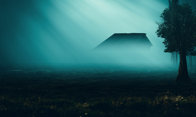 scary house in mysterious horror forest  - obrazy, fototapety, plakaty