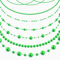 Abstract Vector Background with Hanging Christmas green Garlands beads Set for Celebratory Design, Xmas Holiday greeting card design. Christmas decorations.
