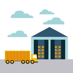 cargo truck and warehouse icon. import and export design. vector illustratio