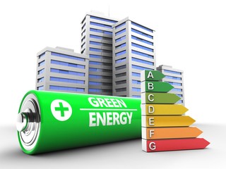 3d illustration of battery over white background with city and efficient ranks