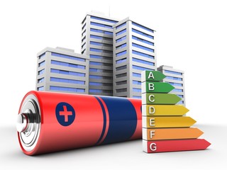 3d illustration of battery over white background with city and efficient ranks