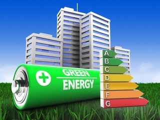 3d illustration of battery over meadow background with city and efficient ranks