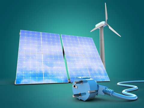 3d illustration of solar and wind energy over blue background with power cable