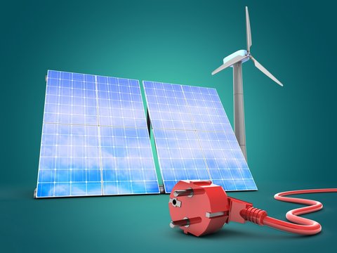 3d illustration of solar and wind energy over blue background with power cord