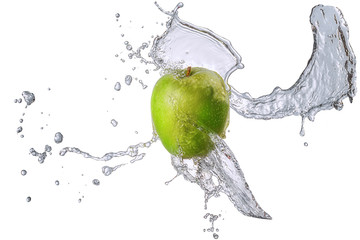 Water splash and fruits isolated on white backgroud with clipping path. Fresh apple