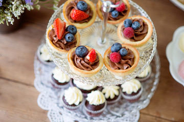 Table with various cookies, tarts, cakes, cupcakes and cakepops