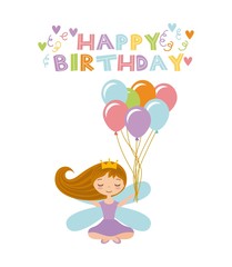 happy birthday card with cute fairy girl with balloons icon over white background. colorful design. vector illustration