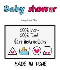 Baby shower card care instructions isolated on white