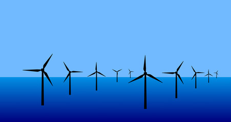 Vector image of an offshore wind turbine farm