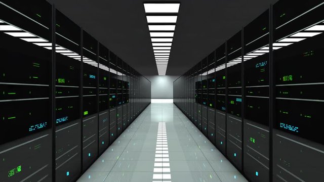 Server room. Dynamic focal length. LED lights are flashing.