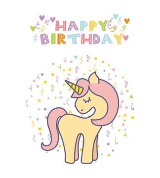happy birthday card with cute unicorn icon over white background. colorful design. vector illustration