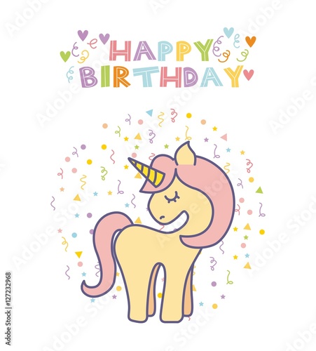 "happy birthday card with cute unicorn icon over white background