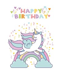 Obraz na płótnie Canvas happy birthday card with cute unicorn icon over white background. colorful design. vector illustration