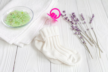 set baby care for bathroom on wooden background