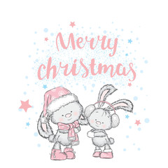 Cute bunnies in Christmas hats and scarves. Vector illustration for a card or poster. New Year's and Christmas.