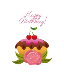 sweet cake dessert icon with decorative flowers over white background. happy birthday card design. vector illustration