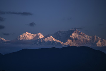 Fototapeta na wymiar Kanchenjunga mountainrange at sunrise seen from Darjeeling