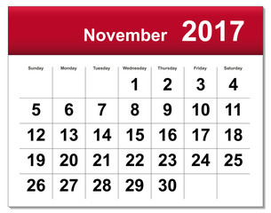 EPS10 file. November 2017 calendar. The EPS file includes the ve
