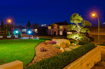 Outdoor landscape garden at night in Vancouver, Canada.