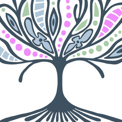 Obraz premium Vector hand drawn illustration, decorative ornamental stylized tree. Abstract graphic illustration isolated on the white background. Artistic drawing silhouette. Decorative ornamental wood