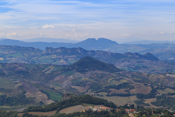 Naklejka premium The view from the observation platform in San Marino, hills and fields