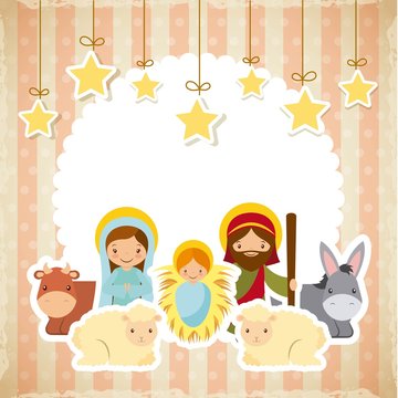 holy family manger scene with animals and decorative stars hanging. merry christmas colorful design. vector illustration