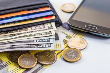 Fototapeta premium leather wallet with credit and discount cards, with money