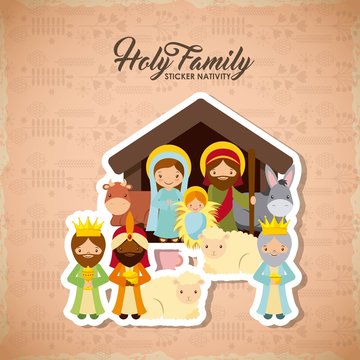 holy family manger scene with animals and the three wise men. merry christmas colorful design. vector illustration
